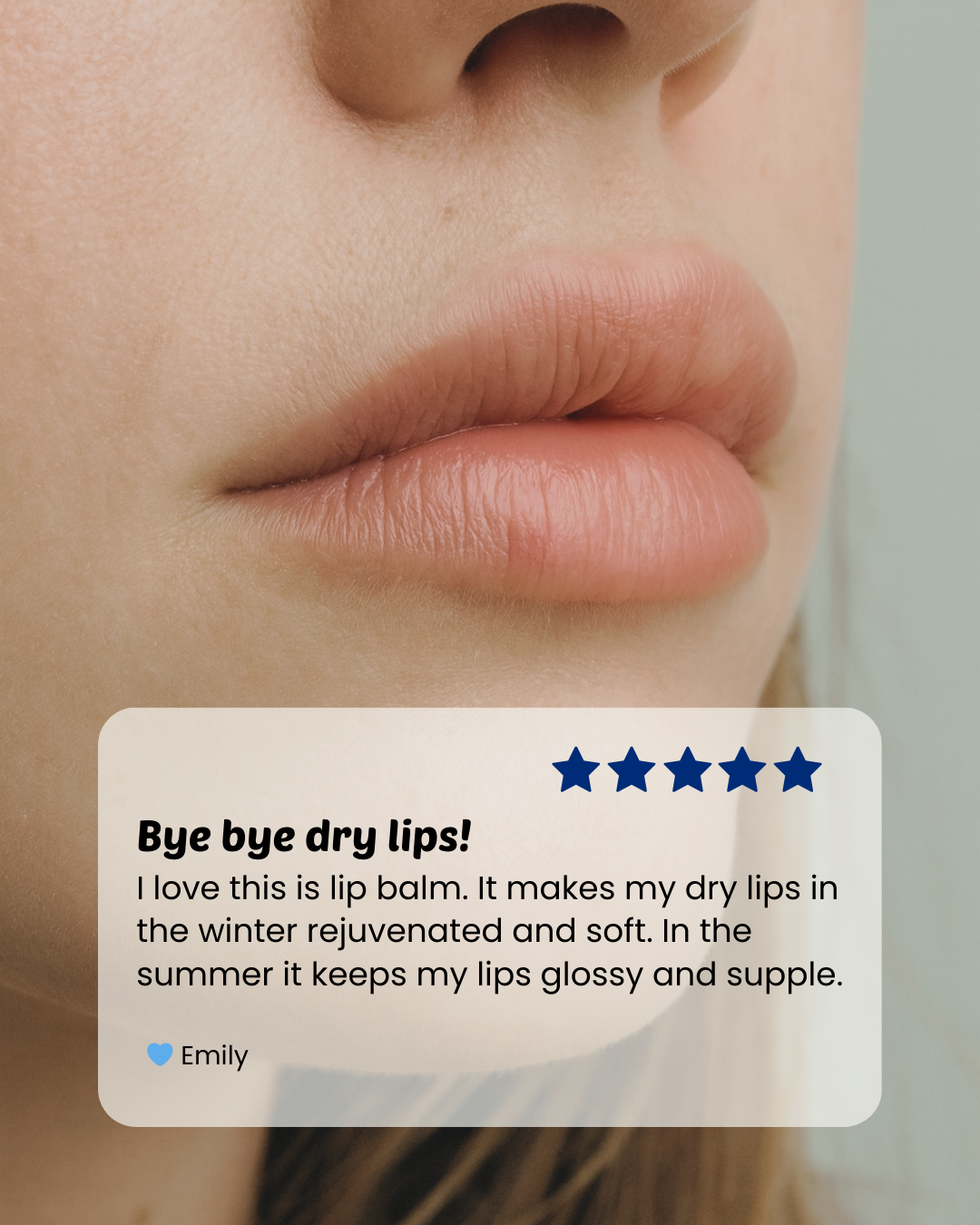 Close-up of lips with a five-star rating text overlay; pucker up natural lip balm