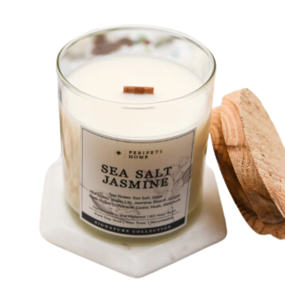 Sea Salt Jasmine natural soy wooden wick candle by Peripeti Home