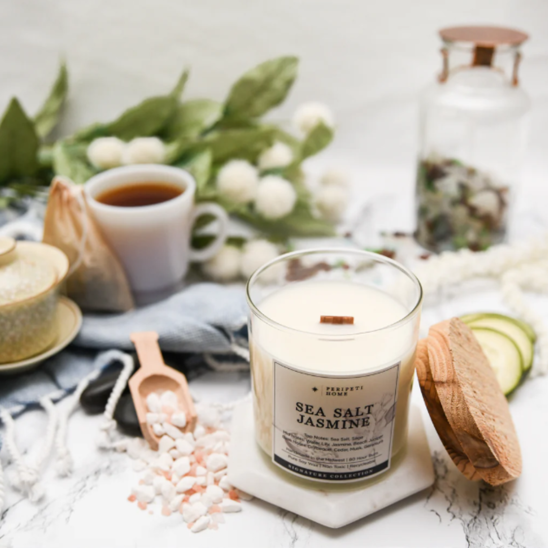Sea Salt Jasmine natural soy wooden wick candle by Peripeti Home