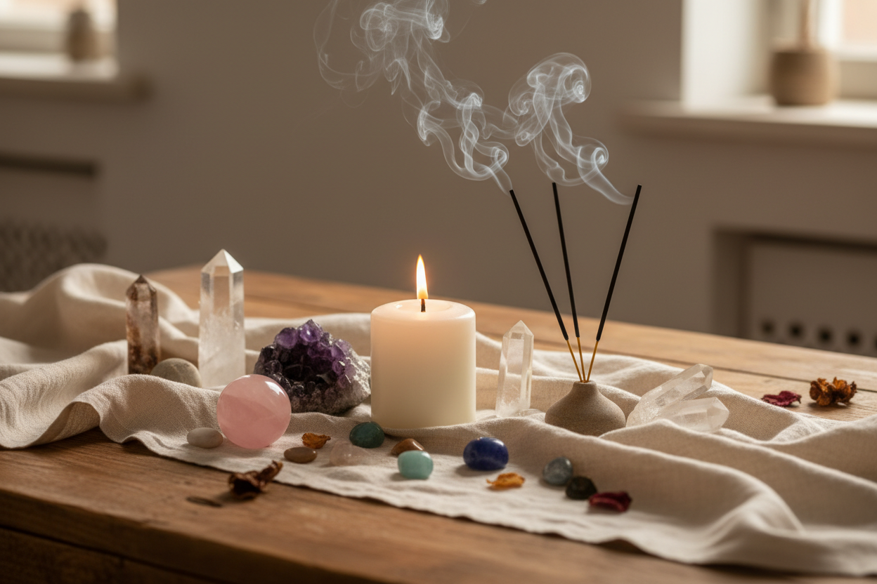 hero image of a burning candle, incense, and crystals on a soft, natural fabric