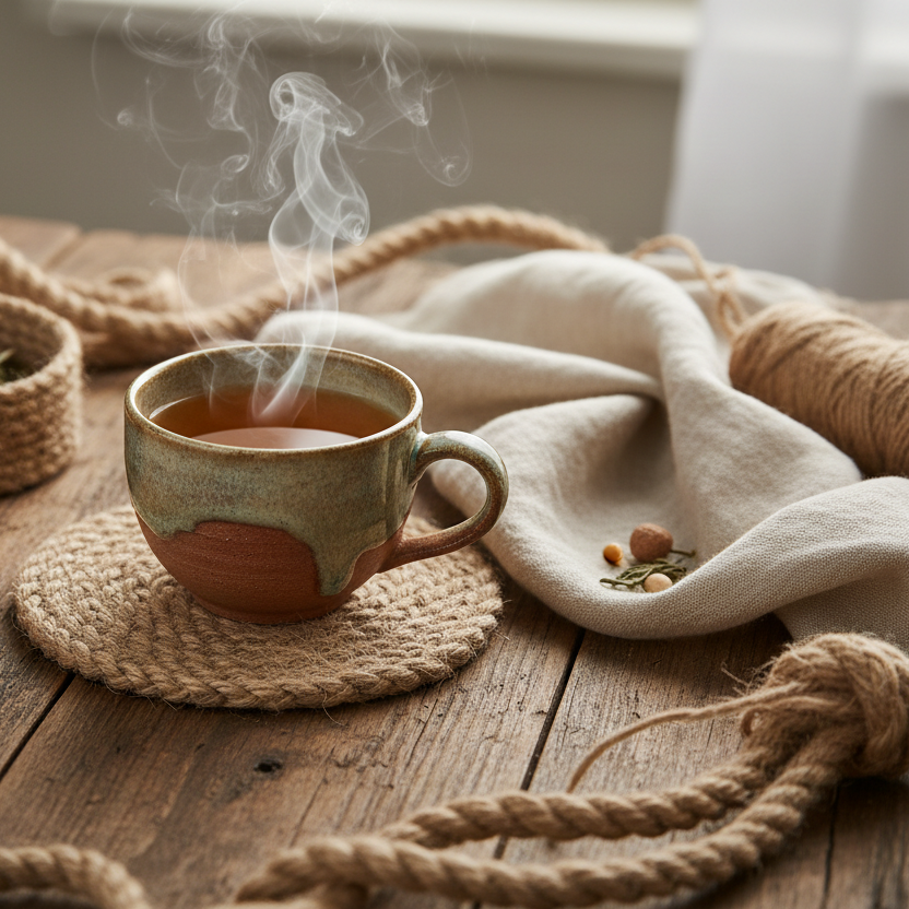hot tea in a cup on a wooden surface with other natural fibers